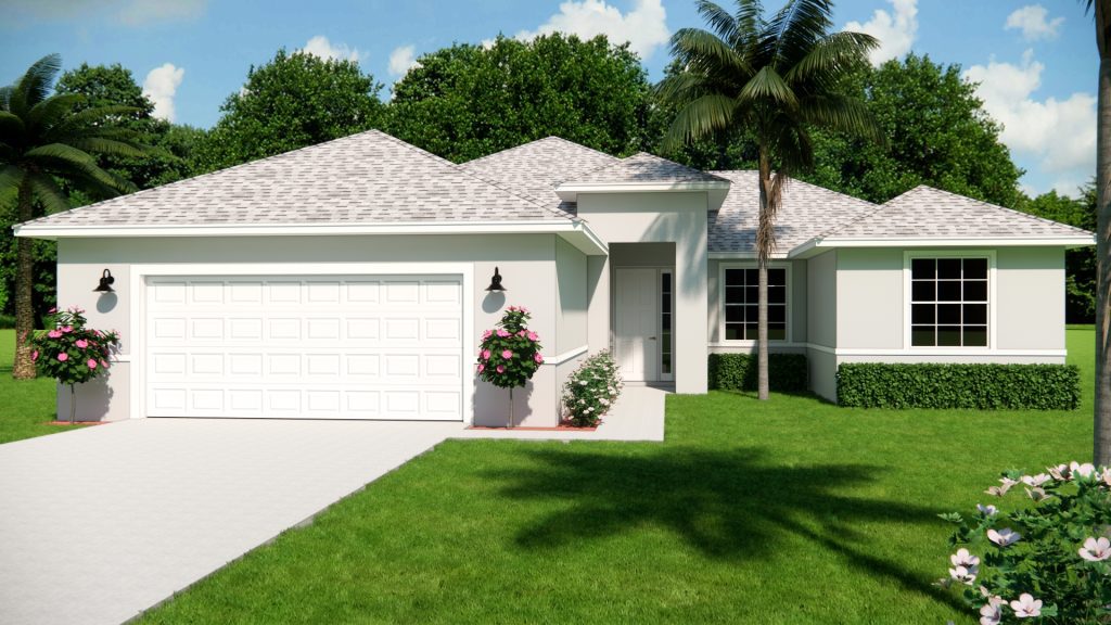 A white house with palm trees and bushes in the background.